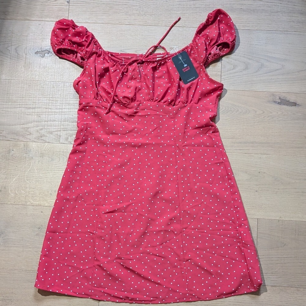 Levi's Polka Dot Mini SunDress Puff Sleeve Tie Front Red country western Size L‎